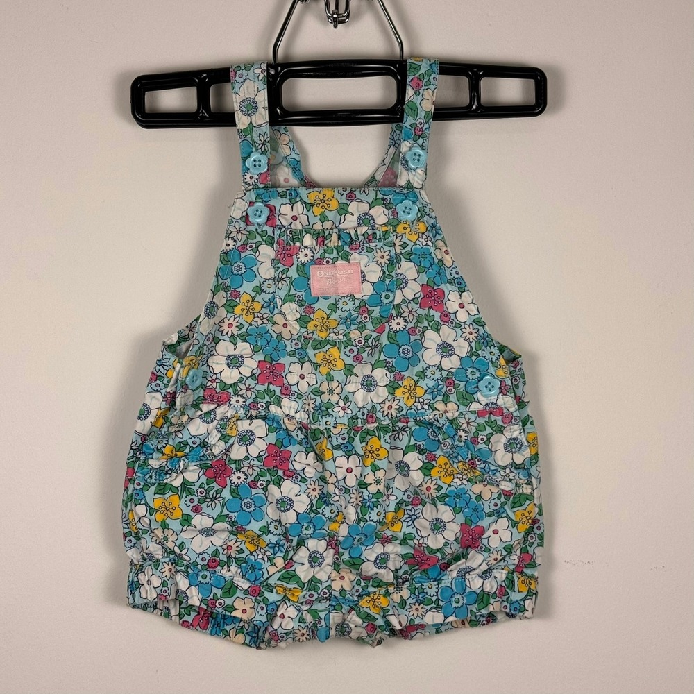 VTG OshKosh Bgosh Floral Bubble Overalls Blue Pink Yellow Flower Print Shortalls